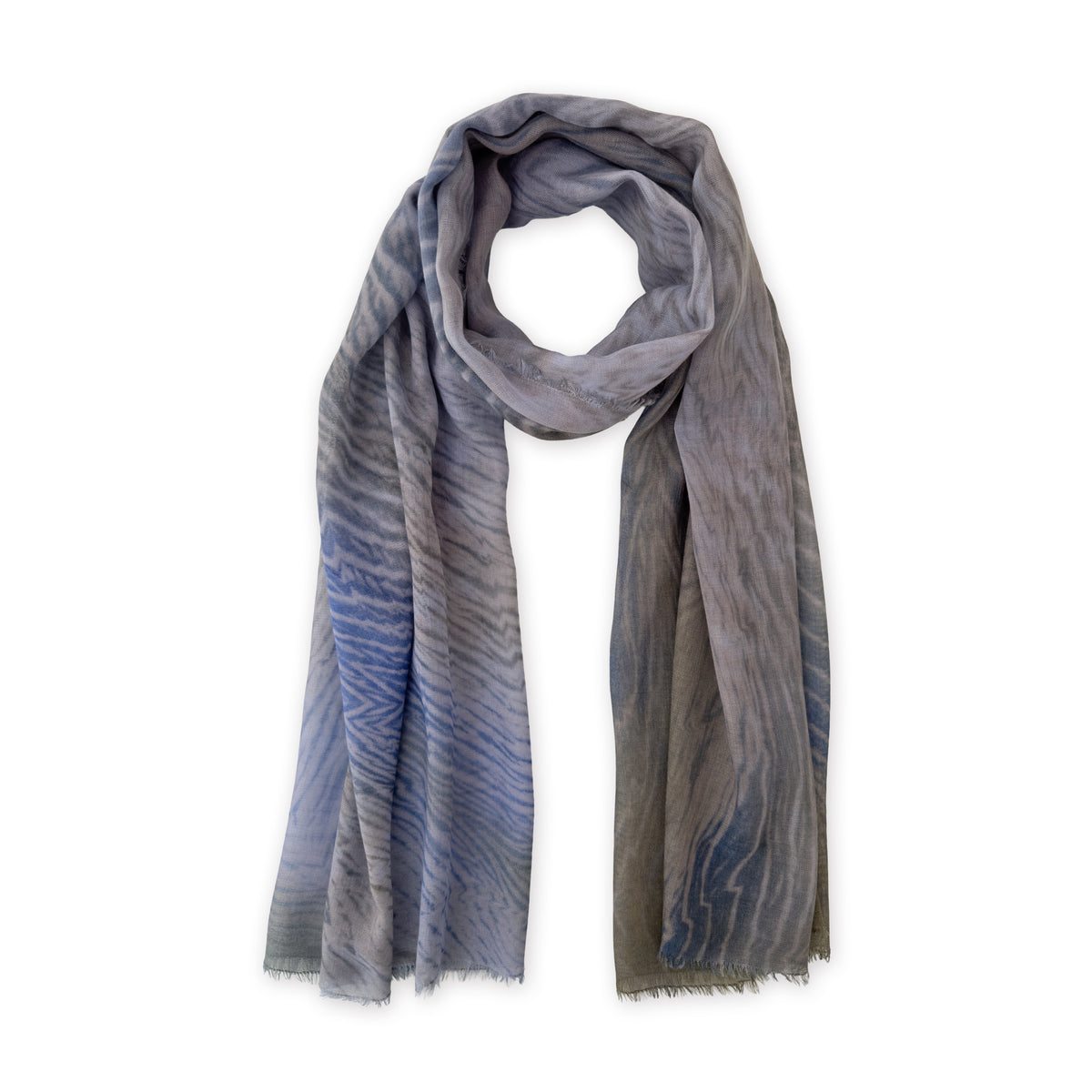 Loosely looped hand-painted Otta wool silk blend scarf on a white background, showcasing its texture and length. 68x194 cm.
