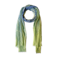 Multicolored mix wool and silk scarf on a white background. Hand-painted scarf by Otta-Italy, 193 x 54 cm, featuring blue, light green and yellow shades of colors. Luxury Italian accessory, soft and warm scarf for women and men.
