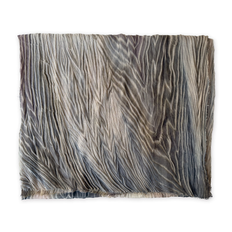 Colorful mix wool and silk scarf in brown, gray and beige shades on a white background. It is hand-painted scarf in measures 193 x 54 cm by otta-italy scarves brand. Luxury Italian accessory, soft and warm scarf for women and men.
