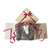 Set of scarves in a gift box with a pink ribbon on a white background. 
Hand-painted mix wool and silk scarf by Otta-Italy, 193 x 54 cm, featuring brown, gray and beige colors. Luxury Italian accessory, soft and warm scarf for women and men.
