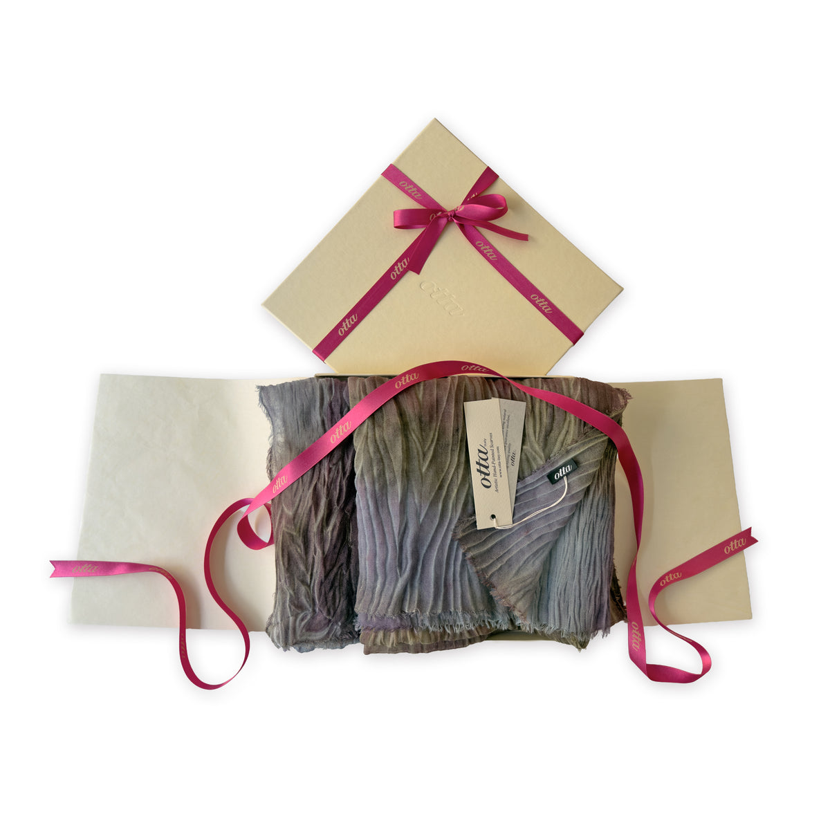 Set of scarves in a gift box with a pink ribbon on a white background. 
Hand-painted mix wool and silk scarf by Otta-Italy, 193 x 54 cm, featuring light blue, purple, brown and green colors. Luxury Italian accessory, soft and warm scarf for women and men.

