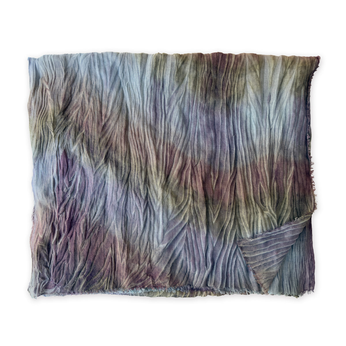 Colorful mix wool and silk scarf in light blue, purple, brown and green shades on a white background. It is hand-painted scarf in measures 193 x 54 cm by otta-italy scarves brand. Luxury Italian accessory, soft and warm scarf for women and men.
