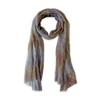 Multicolored mix wool and silk scarf on a white background. Hand-painted scarf by Otta-Italy, 193 x 54 cm, featuring light blue, purple, brown and green shades of colors. Luxury Italian accessory, soft and warm scarf for women and men.
