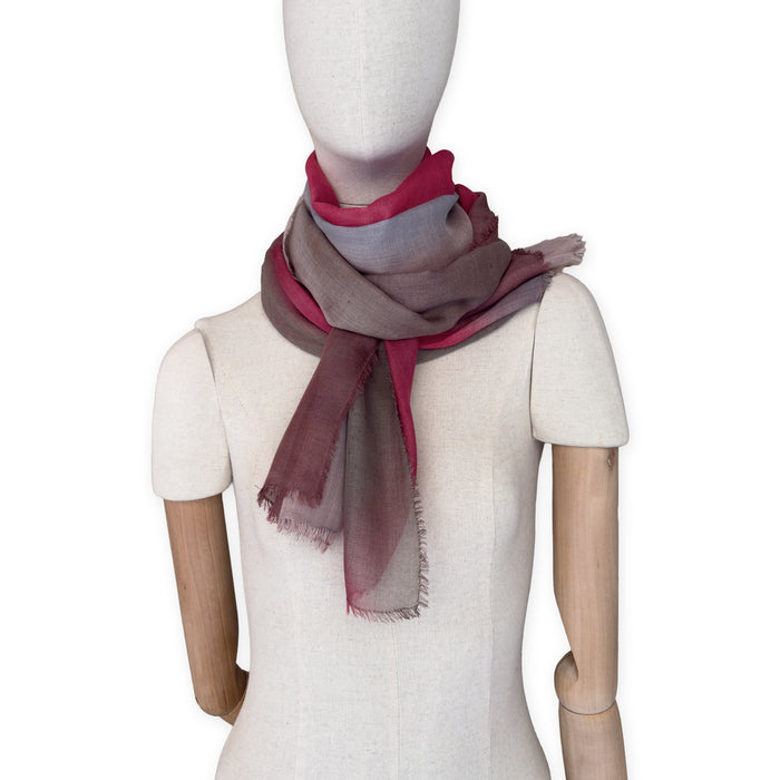 Mannequin wearing scarf on a white background. Hand-painted mix wool and silk scarf by Otta-Italy, 67 x 198 cm, featuring brown, gray and red colors. Luxury Italian accessory, soft and warm scarf for women and men.
