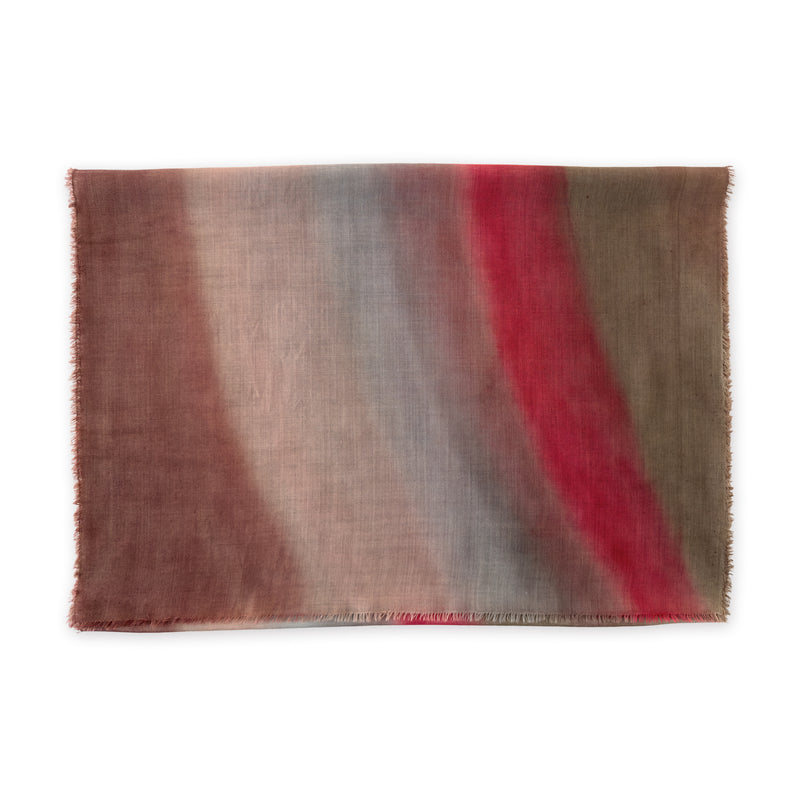 Colorful mix wool and silk scarf in brown, gray and red shades on a white background. It is hand-painted scarf in measures 67 x 198 cm by otta-italy scarves brand. Luxury Italian accessory, soft and warm scarf for women and men.
