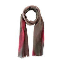 Multicolored mix wool and silk scarf on a white background. Hand-painted scarf by Otta-Italy, 67 x 198 cm, featuring brown, gray and red shades of colors. Luxury Italian accessory, soft and warm scarf for women and men.

