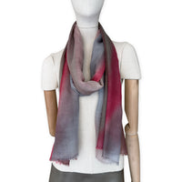 Mannequin wearing scarf on a white background. Hand-painted mix wool and silk scarf by Otta-Italy, 67 x 198 cm, featuring brown, gray and red colors. Luxury Italian accessory, soft and warm scarf for women and men.
