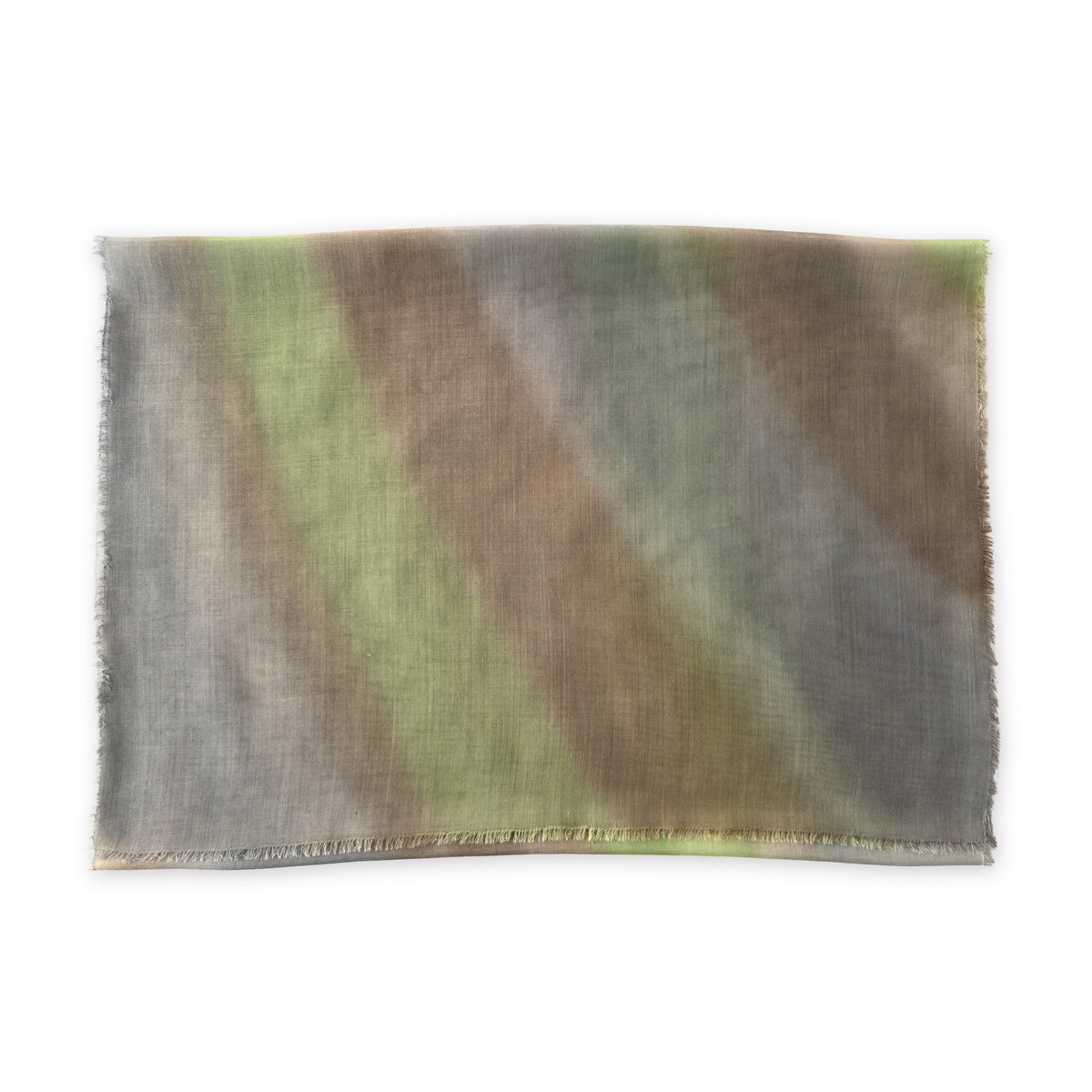 Colorful scarf on a white background. Hand-painted pure wool & silk scarf by Otta-Italy, 70 x 197 cm, featuring 
brown, gray and light green. Luxury Italian wool & silk accessory, soft and warm scarf for women and men.
