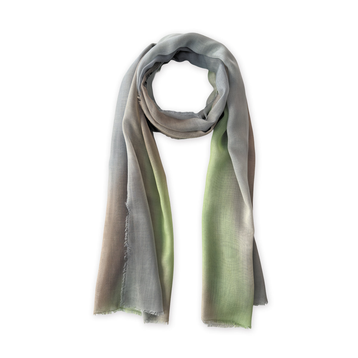 Hand-painted Otta wool & silk scarf in 
brown, gray and light green, loosely looped to showcase its full length and delicate texture in white background. Lightweight artisan accessory with hand-fringed edges, measuring 70 x 197 cm.
