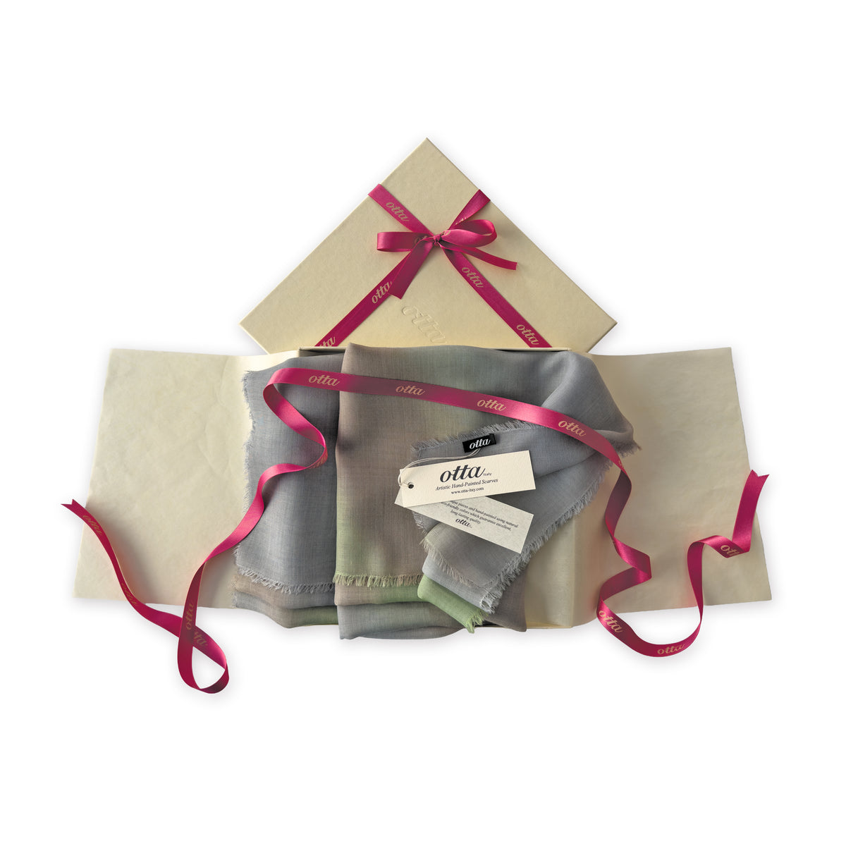 Set of scarves in a gift box with a pink ribbon on a white background. 
Hand-painted wool & silk scarf by Otta-Italy, 70 x 197 cm, featuring 
brown, gray and light green. Luxury Italian wool & silk accessory, soft and warm scarf for women and men.

