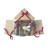 Set of scarves in a gift box with a pink ribbon on a white background. 
Hand-painted wool & silk scarf by Otta-Italy, 70 x 197 cm, featuring 
brown, gray and light green. Luxury Italian wool & silk accessory, soft and warm scarf for women and men.

