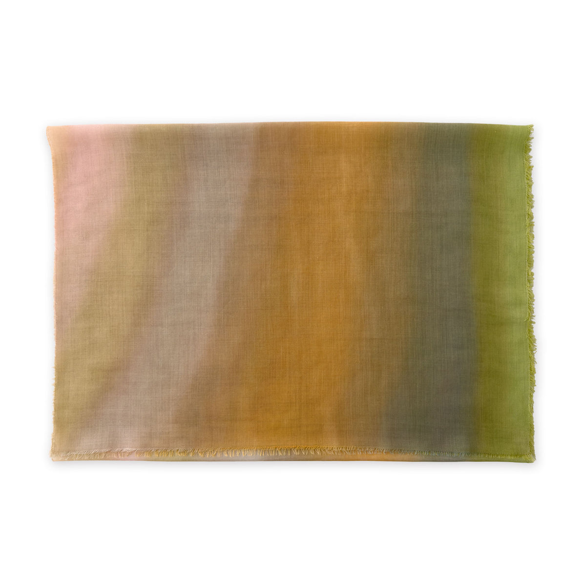 Wool silk blend hand-painted scarf by Otta-Italy flat lay on a white background. Elegant green, orange and beige shades. 71 x 199 cm.
