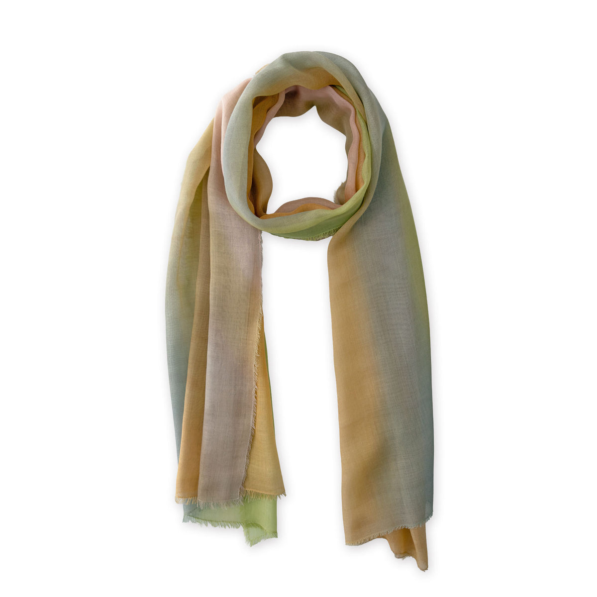 Loosely looped hand-painted Otta wool silk blend scarf on a white background, showcasing its warm texture and length. 71 x 199 cm.
