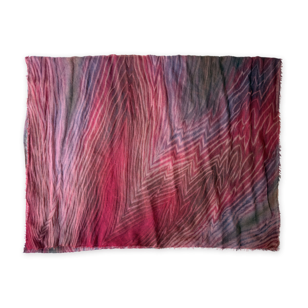 Colorful mix wool and silk scarf in red, purple and dark gray shades on a white background. It is hand-painted scarf in measures 193 x 54 cm by otta-italy scarves brand. Luxury Italian accessory, soft and warm scarf for women and men.
