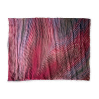Colorful mix wool and silk scarf in red, purple and dark gray shades on a white background. It is hand-painted scarf in measures 193 x 54 cm by otta-italy scarves brand. Luxury Italian accessory, soft and warm scarf for women and men.
