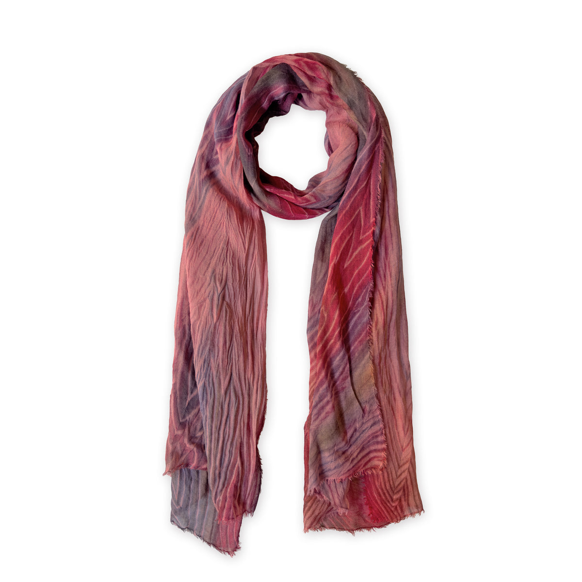 Colorful mix wool and silk scarf in red, purple and dark gray shades on a white background. It is hand-painted scarf in measures 193 x 54 cm by otta-italy scarves brand. Luxury Italian accessory, soft and warm scarf for women and men.
