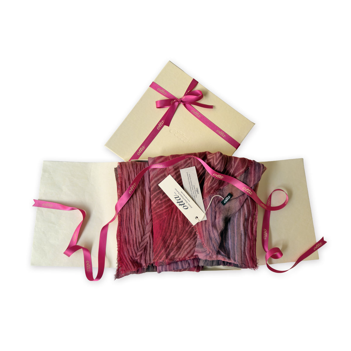 Set of scarves in a gift box with a pink ribbon on a white background. 
Hand-painted mix wool and silk scarf by Otta-Italy, 193 x 54 cm, featuring red, purple and dark gray colors. Luxury Italian accessory, soft and warm scarf for women and men.

