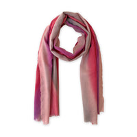 Gradient scarf on a white background. Hand-painted mix wool and silk scarf by Otta-Italy, 52 x 165 cm, featuring red, pink and gray colors. Luxury Italian accessory, soft and warm scarf for women and men.
