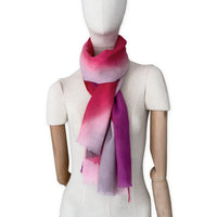 Mannequin wearing scarf on a white background. Hand-painted mix wool and silk scarf by Otta-Italy, 52 x 165 cm, featuring red, pink and gray colors. Luxury Italian accessory, soft and warm scarf for women and men.
