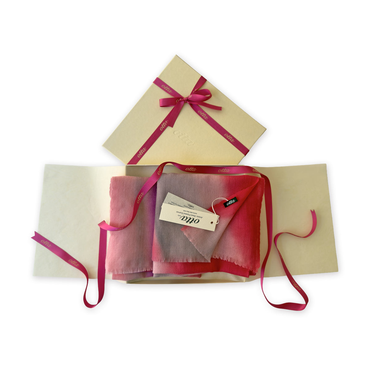 Set of scarves in a gift box with a pink ribbon on a white background. 
Hand-painted mix wool and silk scarf by Otta-Italy, 52 x 165 cm, featuring red, pink and gray colors. Luxury Italian accessory, soft and warm scarf for women and men.
