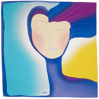 Square 100% silk twill scarf by Otta-Italy showcasing an exclusive artistic design with a stylized abstract portrait of a face framed by flowing hair in deep indigo blue, cobalt, violet, and golden yellow accents, 50x50 cm.
